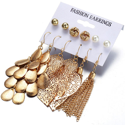 6 pairs of pearl earrings set with leaf weaving