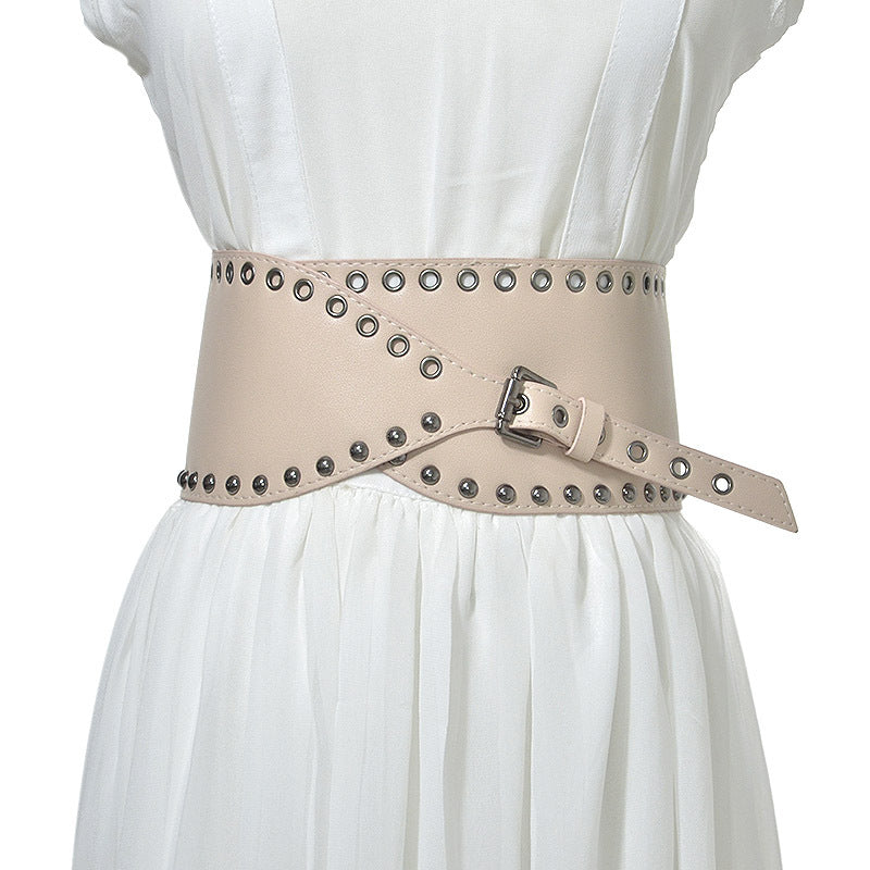 Versatile rivets imitation leather pin buckle wide belt