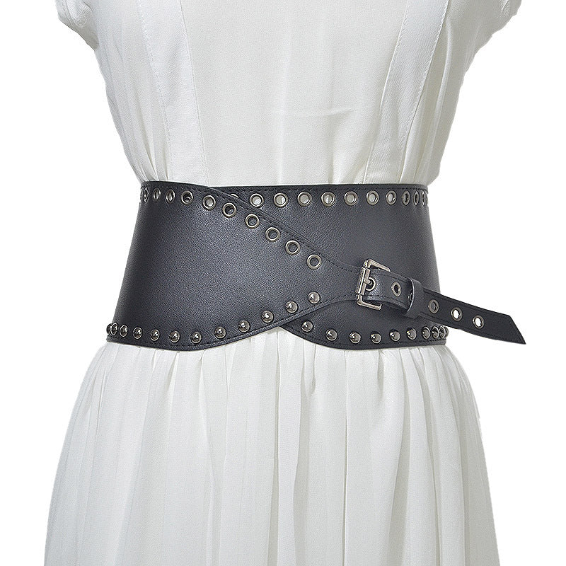 Versatile rivets imitation leather pin buckle wide belt