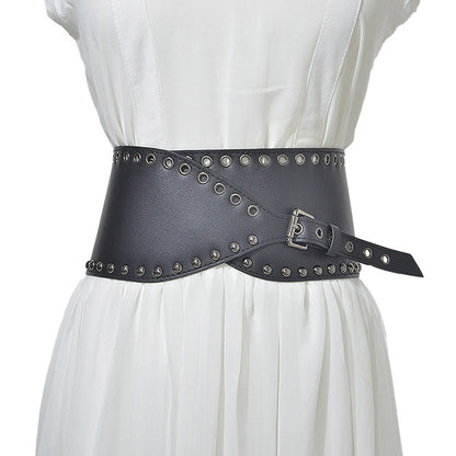 Versatile rivets imitation leather pin buckle wide belt