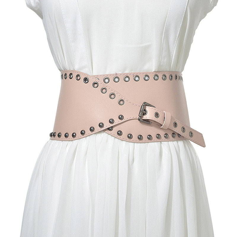 Versatile rivets imitation leather pin buckle wide belt