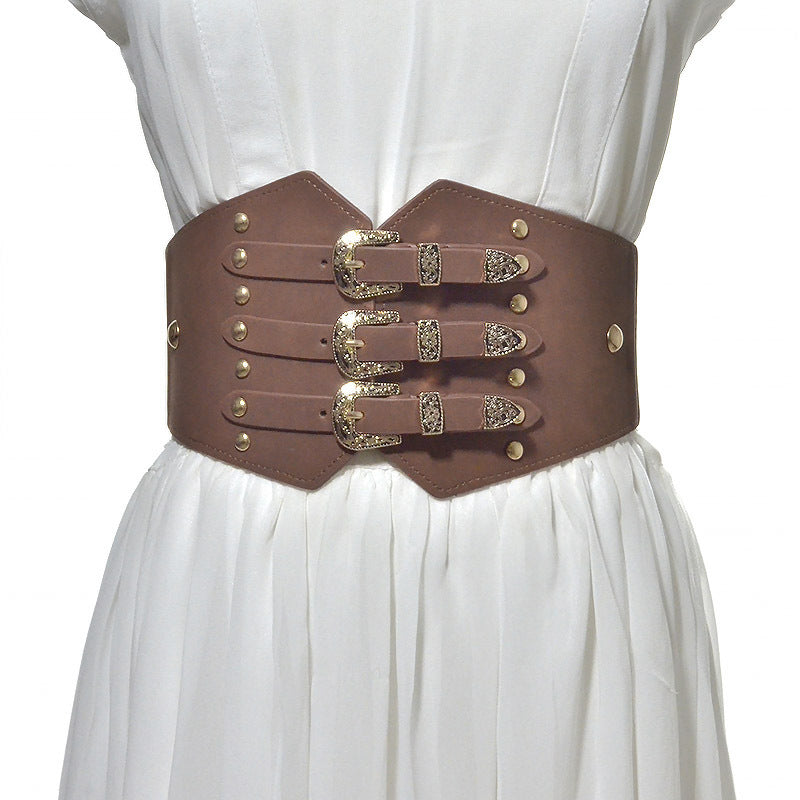 Women's waist seal retro pattern buckle