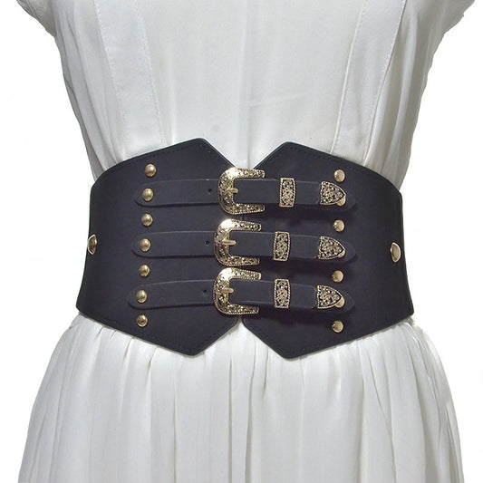 Women's waist seal retro pattern buckle