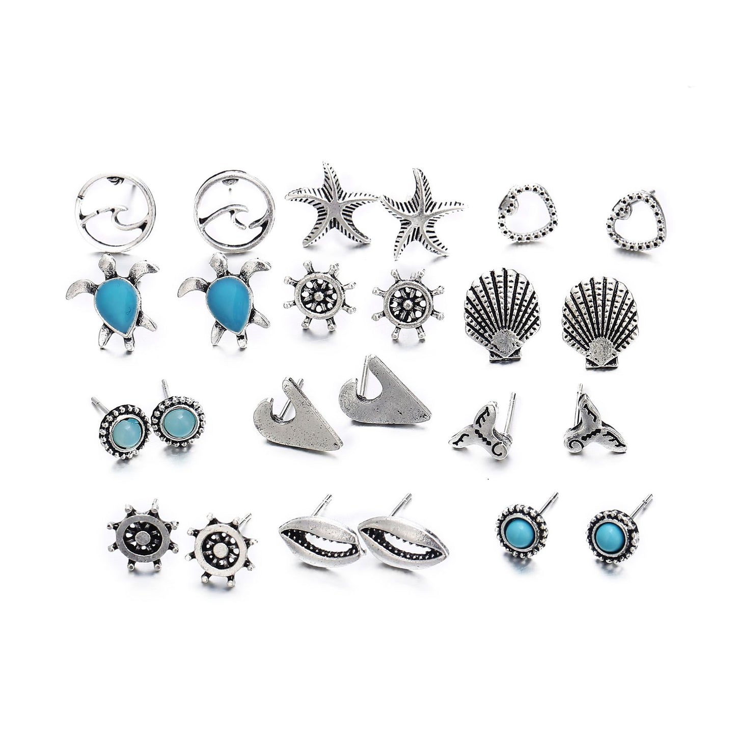 12 pairs of turtle, starfish and shell earrings