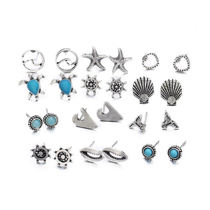 12 pairs of turtle, starfish and shell earrings