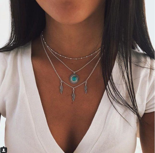 Alloy Feather Pendant Multi-layer Necklace