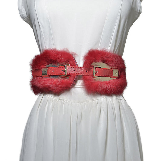 Super wide belt with fluff decoration