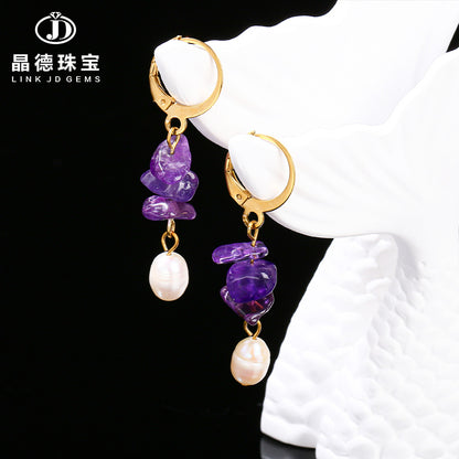 Natural amethyst gravel pearl earrings