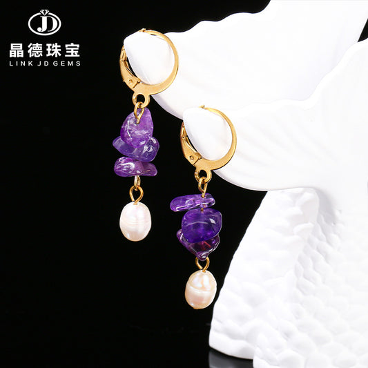 Natural amethyst gravel pearl earrings