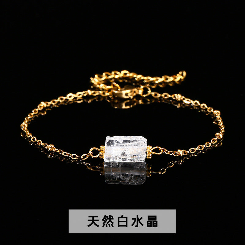 Natural crystal round tube bead stainless steel bracelet