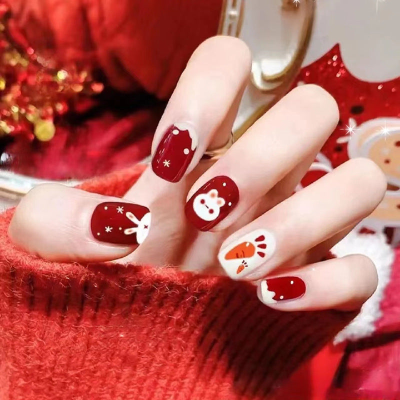 New Year Rabbit Wine Red Short Nails 24 Pieces