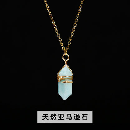 Natural stone double pointed hexagonal column silk necklace