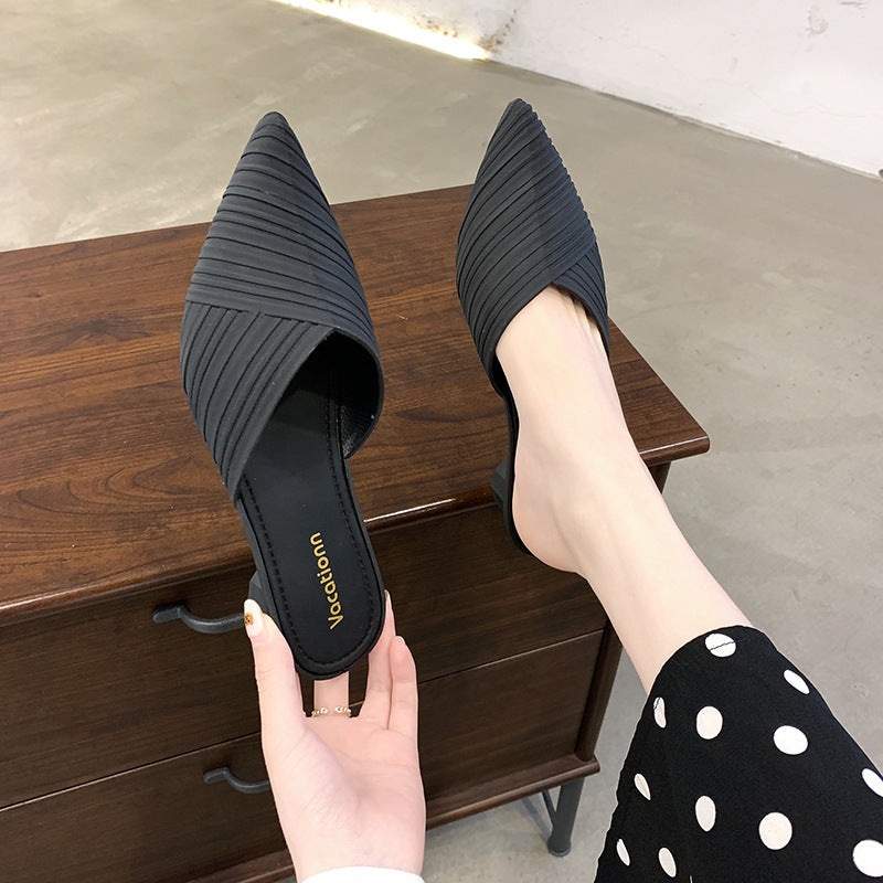 pointed thick heel single shoes women