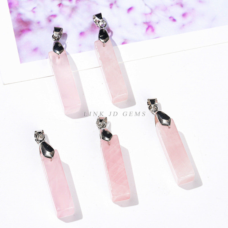 Natural jade powder crystal three-dimensional rectangular strip pendant.