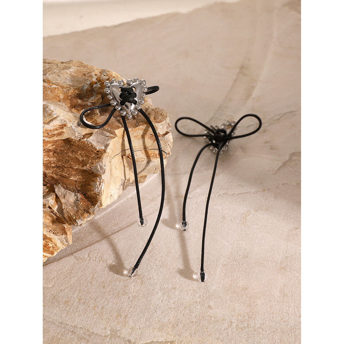 Love Heart Black Wax Rope Earrings