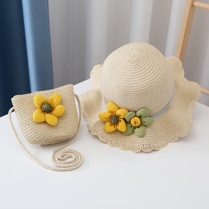 Kids Sun Hat Girls Spring Summer New Straw Purse UV Wide Brim