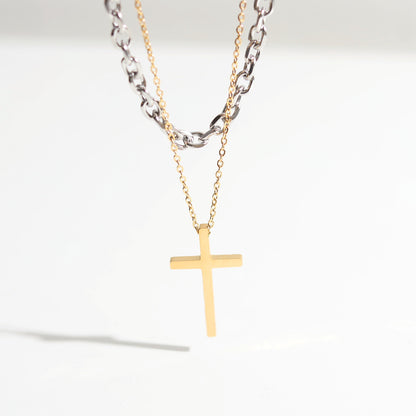 Cross pendant stacked with titanium steel necklace