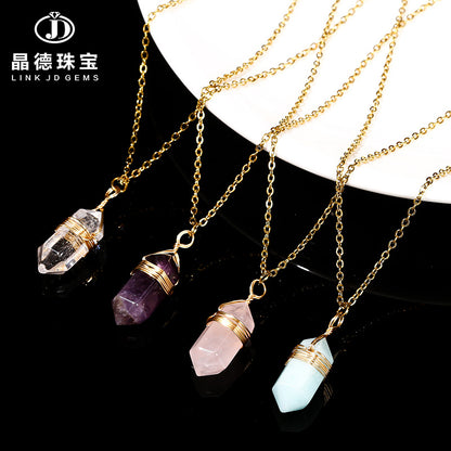 Natural stone double pointed hexagonal column silk necklace