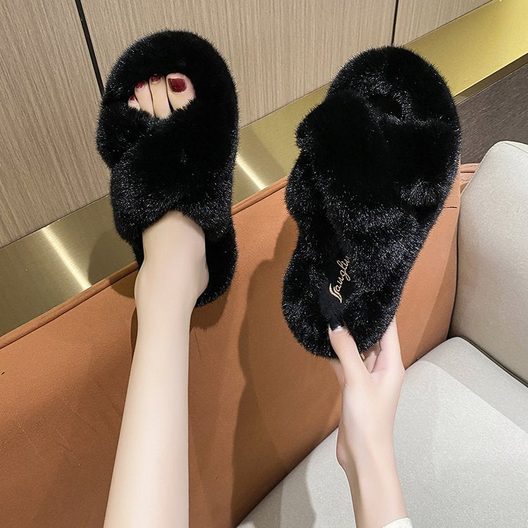 Rabbit fur cross slippers