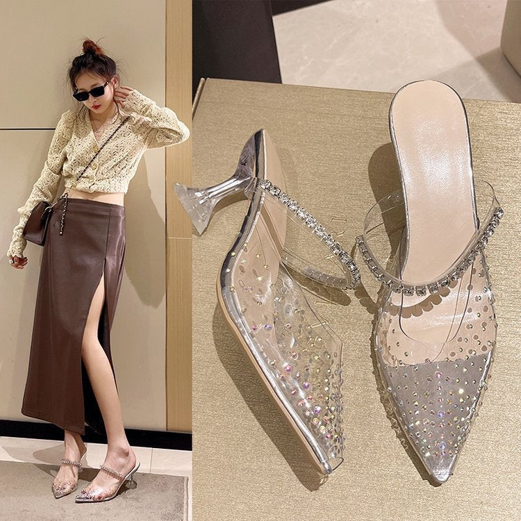 Pointed rhinestone square buckle high heels