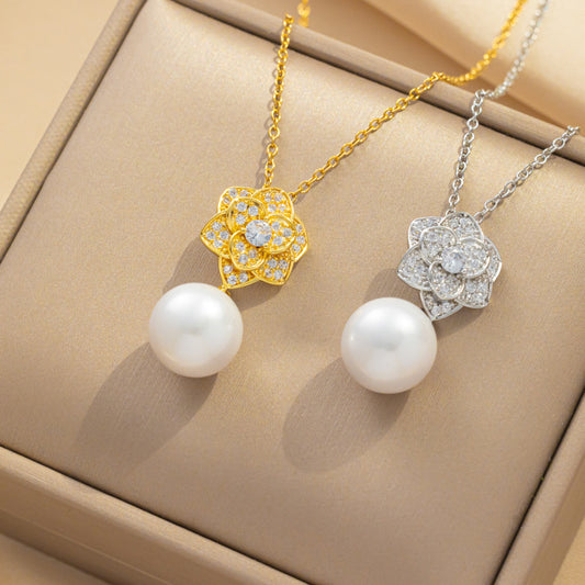 Korean Style Pearl Necklace with Floral Accents