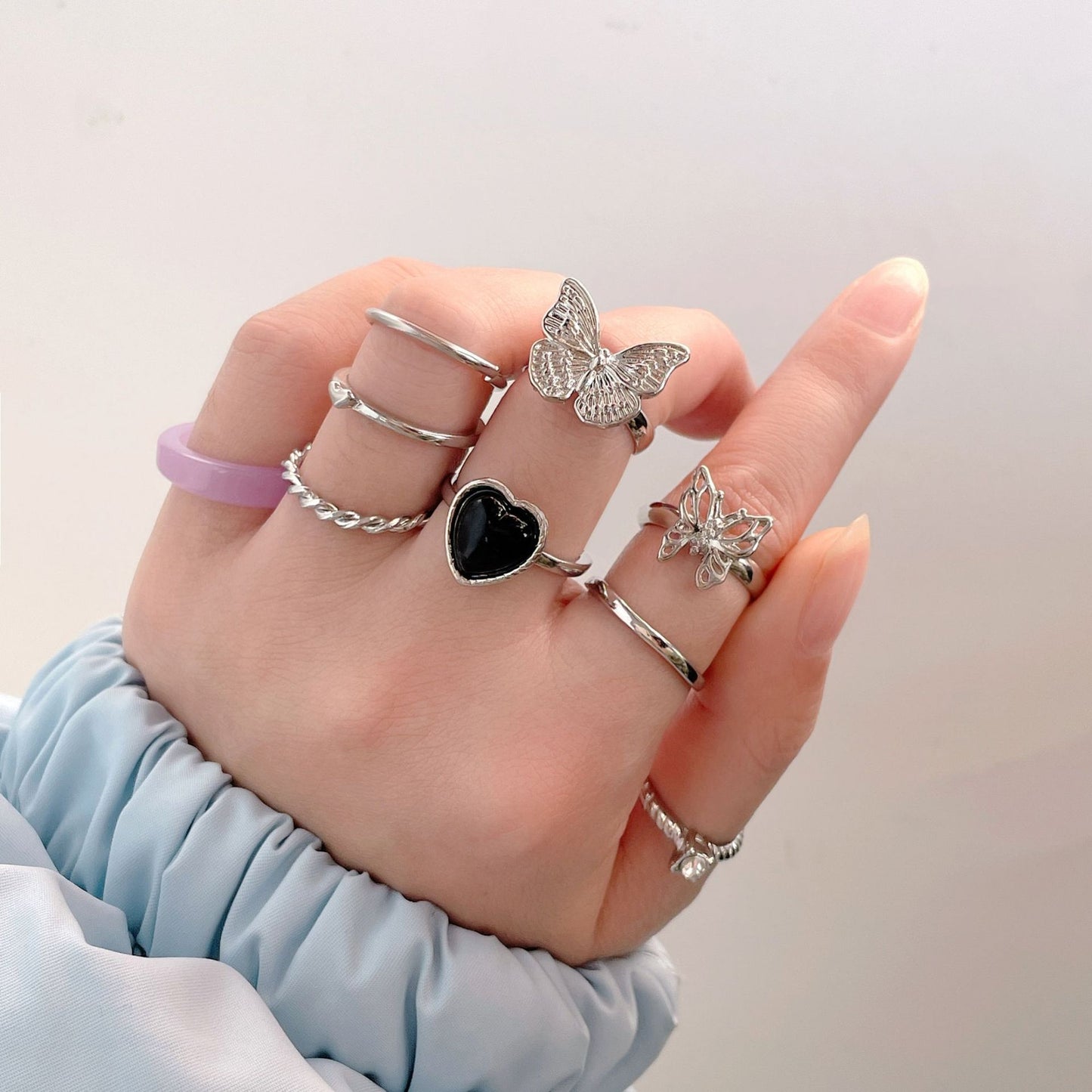 Ring set 9 pieces black heart antique silver