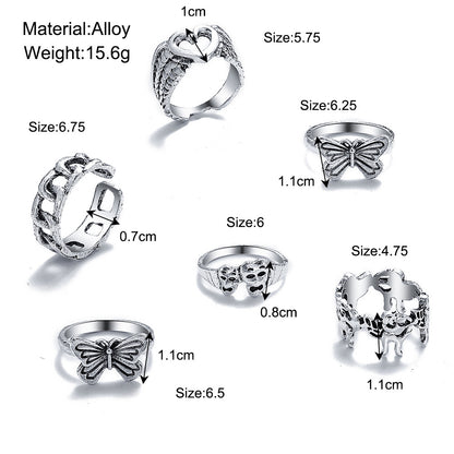 Heart and butterfly antique silver ring set six pieces