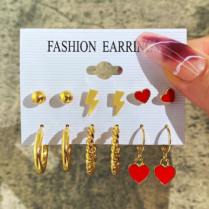 Lightning Red Heart Earrings 6 Pairs