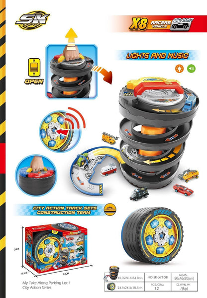 Children's Portable Transforming Tire Track Storage Parking Lot DIY Assembly Spinning Track Toy