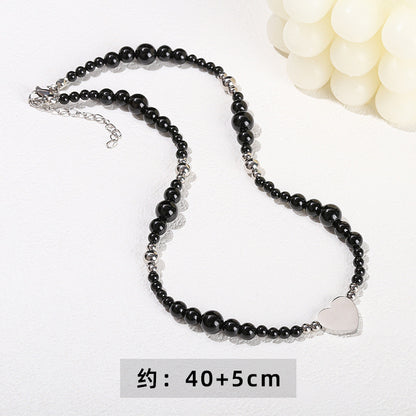 5A Natural Black Agate Necklace Stainless Steel Love Heart Pendant