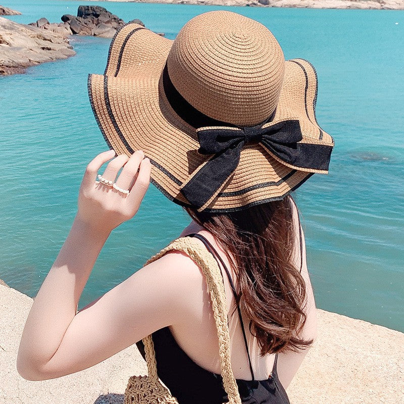 Korean Bow Wide Brim Straw Hat