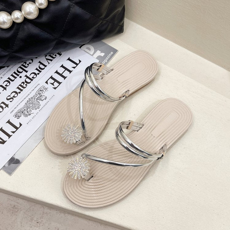 Beach Sandals Rhinestone Flat Slippers