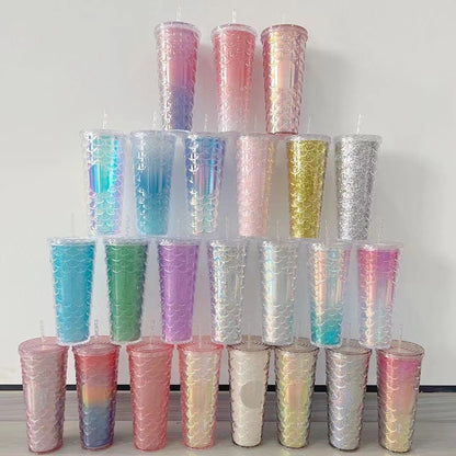 Scaled Pattern Large Capacity Double-Layer Plastic Straw Bottle