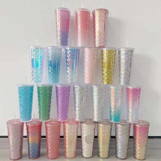 Scaled Pattern Large Capacity Double-Layer Plastic Straw Bottle