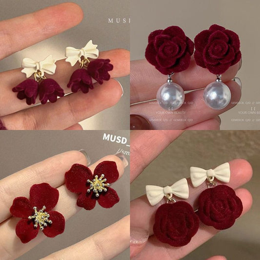 Premium burgundy flower stud earrings