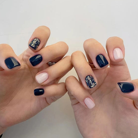 Short Dark Blue Starry Glitter Fake Nails