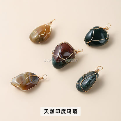 Natural jade irregular rough stone wrapped copper wire pendant