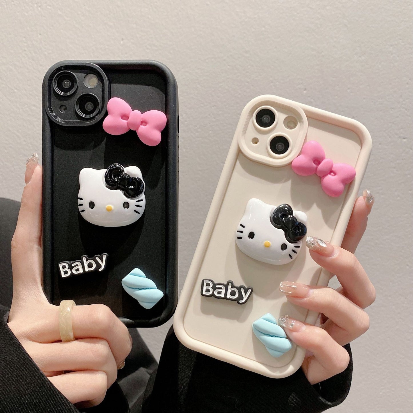 Funda de bambú alta para iPhone 15 Pro 12 XR con lazo 3D de Hello Kitty, cubierta completa, linda 