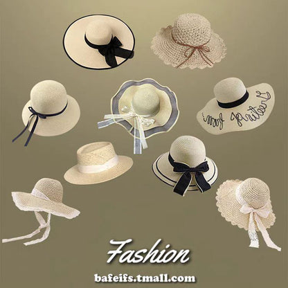 Summer Wide-Brim Straw Hat UV Protection Beach Vacation French Bow