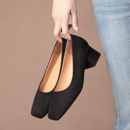 Spring square head shallow thick heel shoes