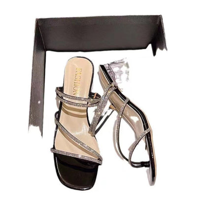 French block-heeled rhinestone sandals