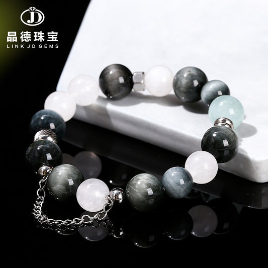 5A Natural Eagle Eye Stone White Jade Titanium Steel Bracelet