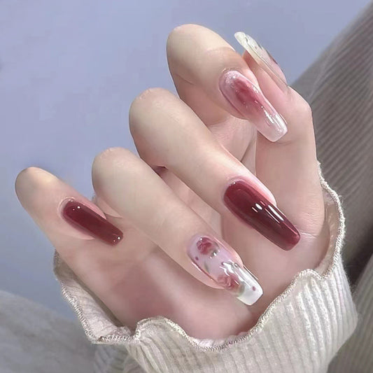 Icy Red-Brown Oolong Rose Nails