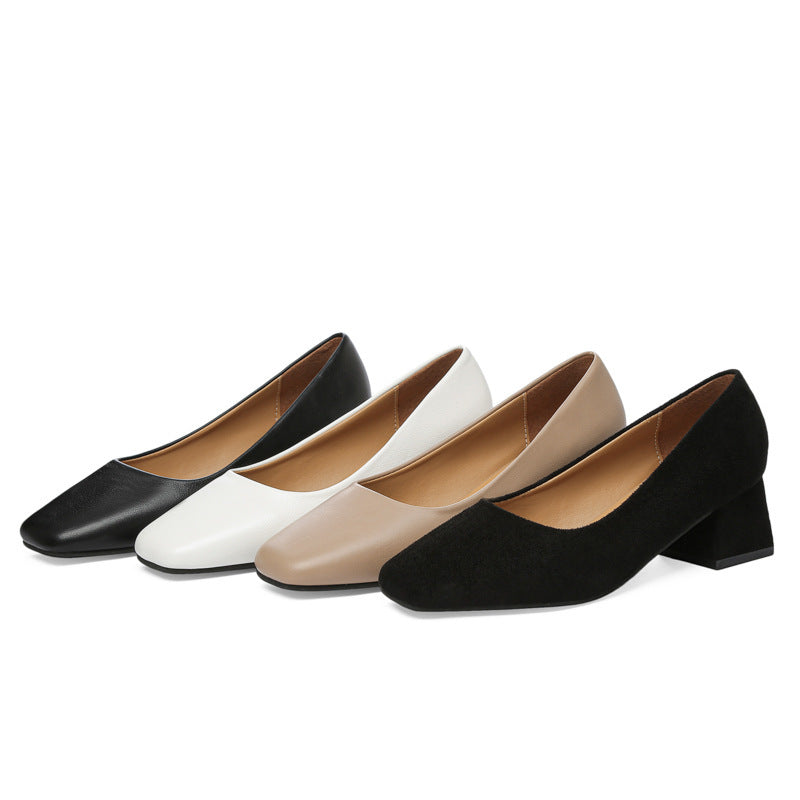 Spring square head shallow thick heel shoes