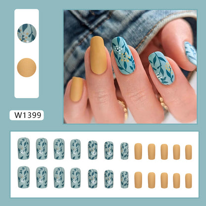 Medium-Length Matte Leaf Square Fake Nails