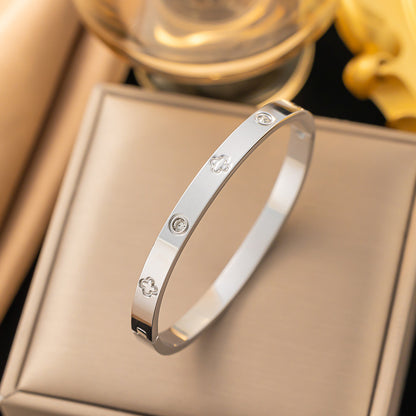 Stylish Stainless Steel Bracelet with Diamond Buckle, Simple Clover Bangle for Women