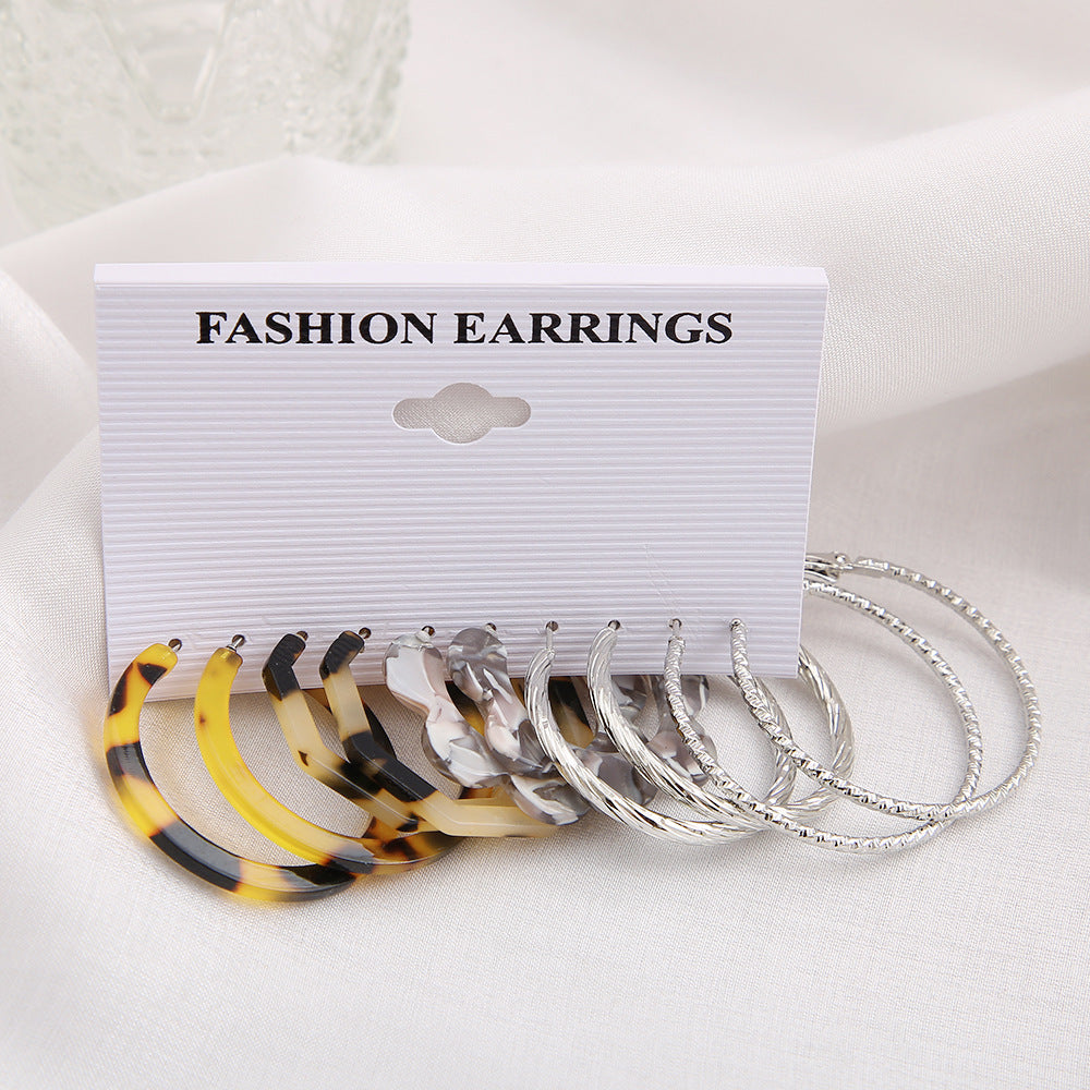 Leopard print flower C-shaped earrings set 5 pairs