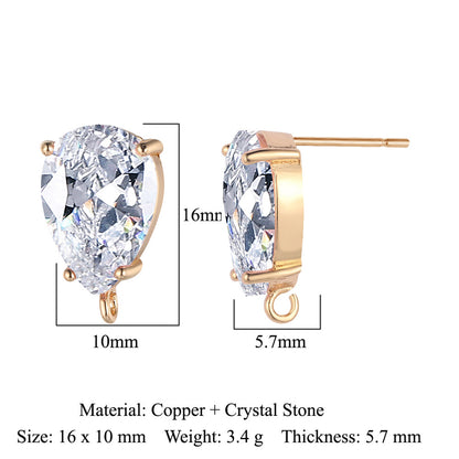 10 pcs/pack, drop-shaped brass crystal glass stud earrings.