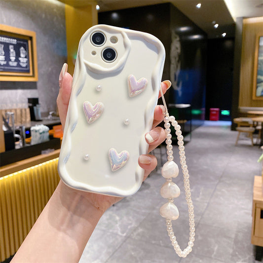 3D Wavy Edge Case iPhone15 Pro X 12 Heart Pearl Full TPU Cover