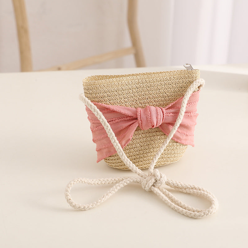 Spring Summer Bow Kids Straw Hat Travel Sun Protection Family Bag Set